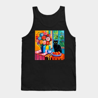 Black Cat with Floral Vase Modern Still Life Painting Tank Top